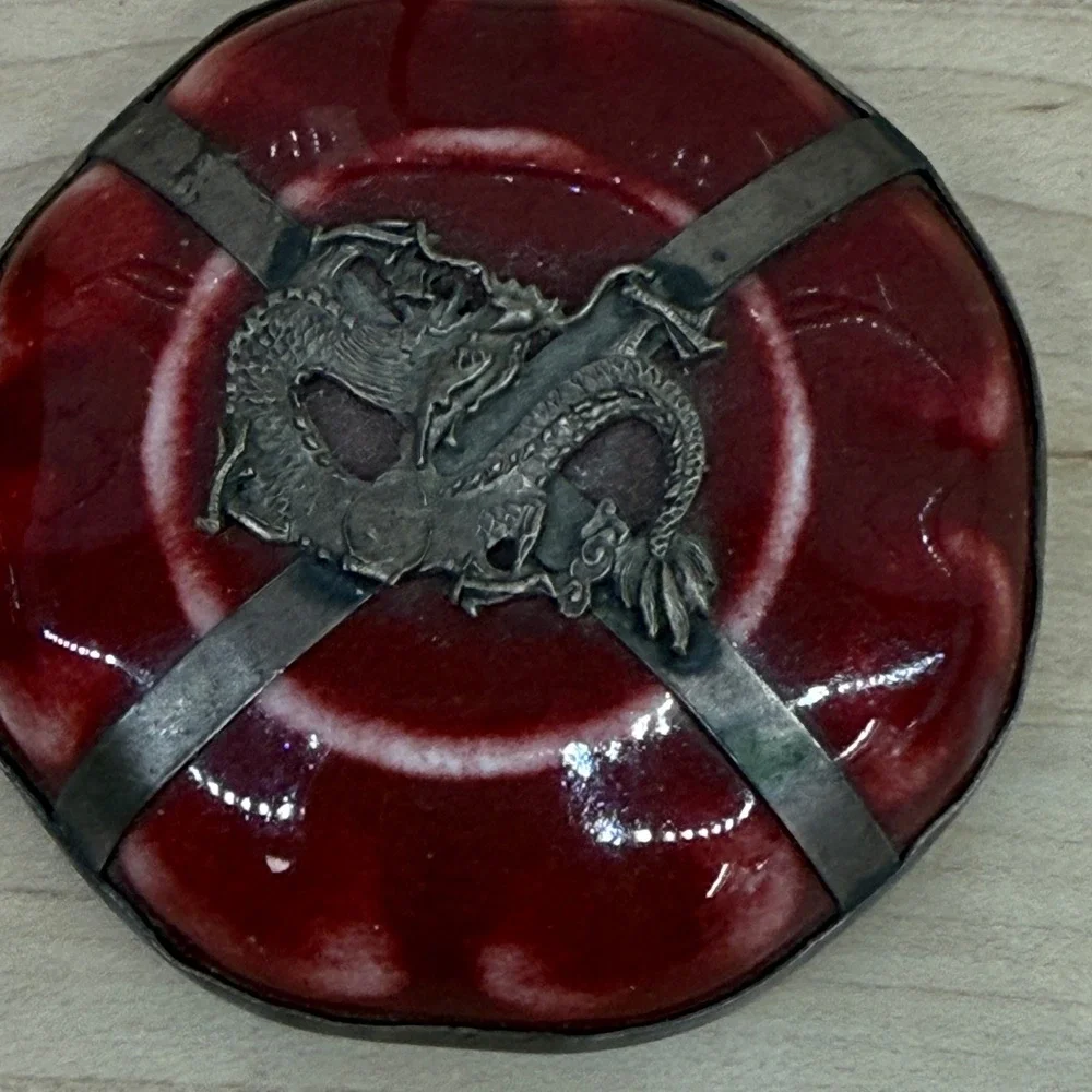 Vintage Chinese Dragon Porcelain Trinket Box Red stamped‎ Metal Wrap 2.5in raku